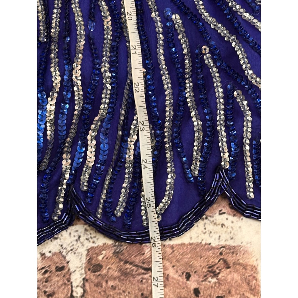 Jewel Queen Vintage Royal Blue Beaded Silk Sequin Evening Top Short Sleeve L - Picture 15 of 15